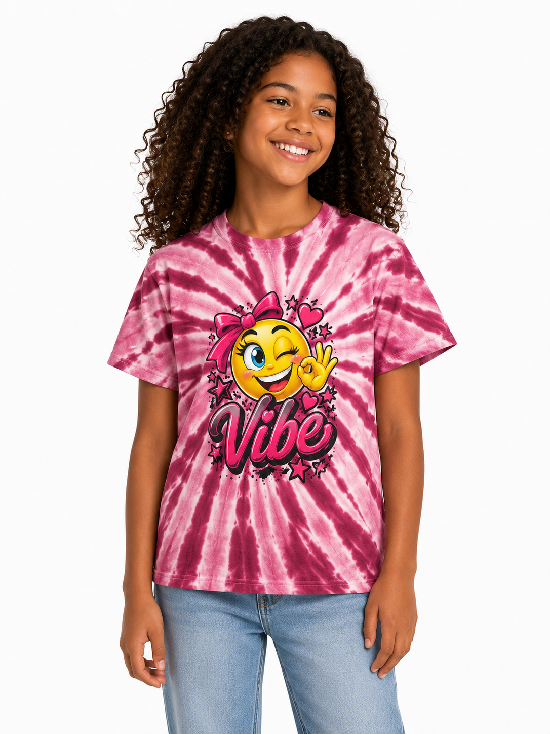 Youth Pink Emoji Vibe Tie-Dye Tee