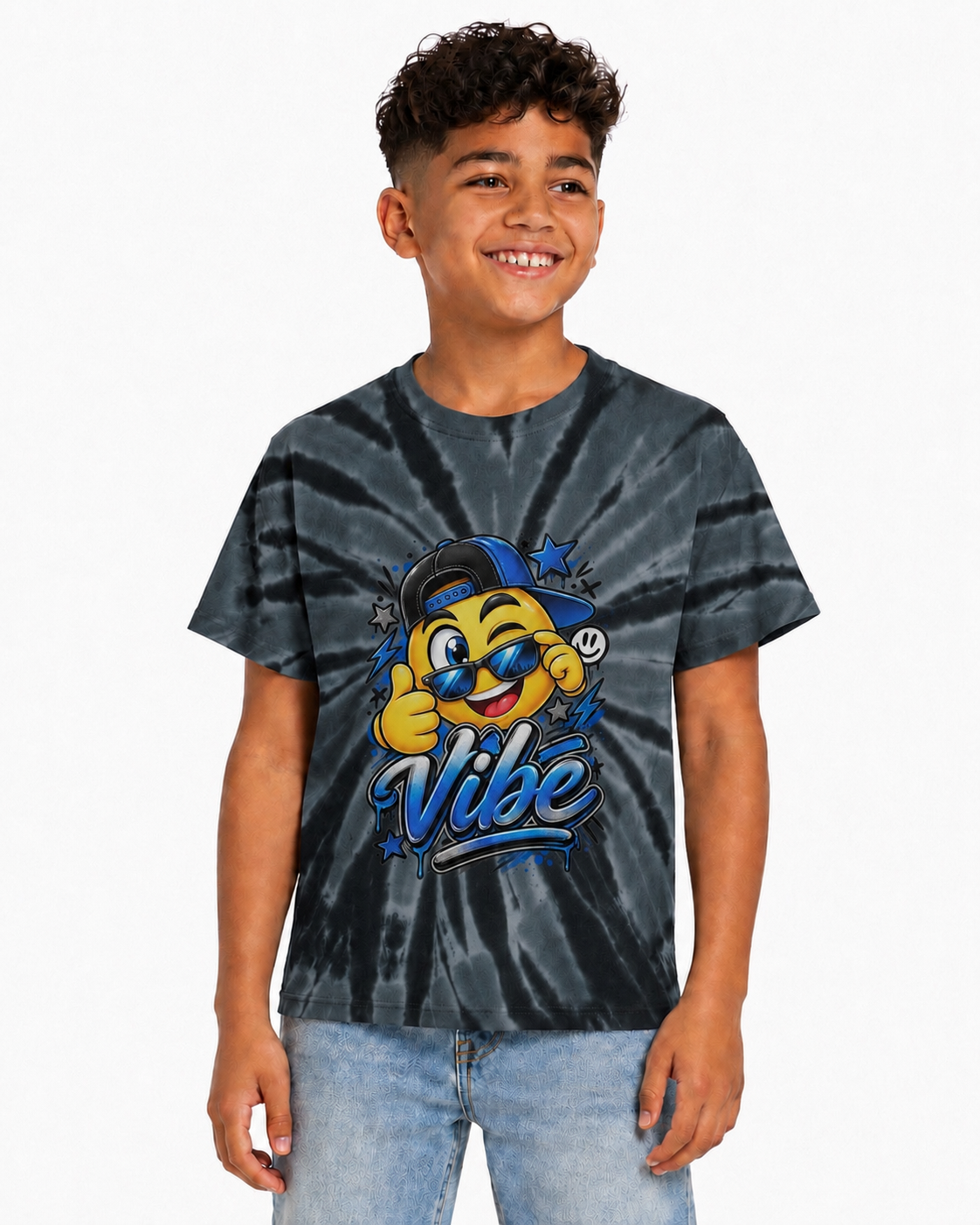 Youth Blue Emoji Vibe Tie-Dye Tee