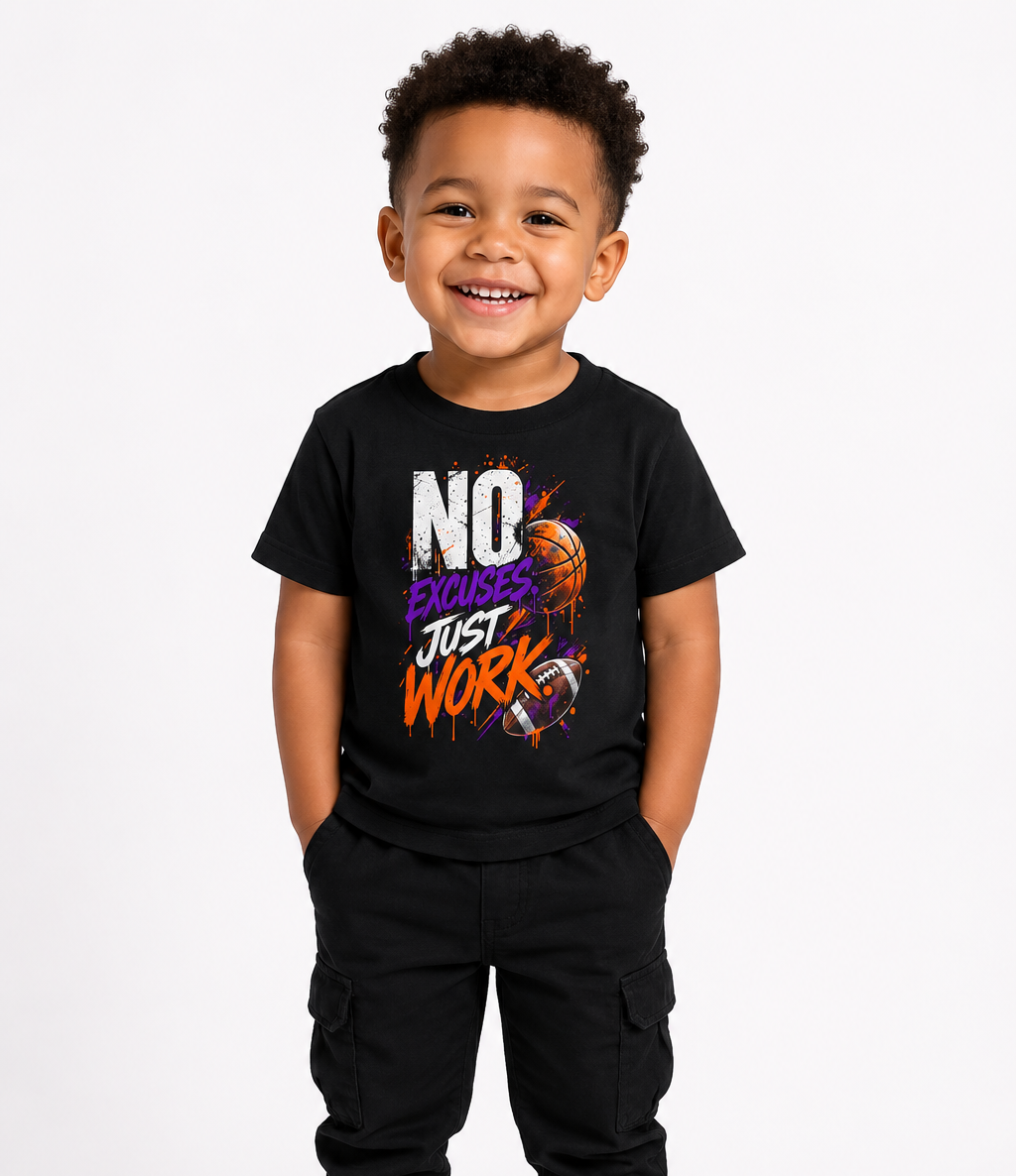 No Excuses Just Work Kids Motivational Football T-Shirt